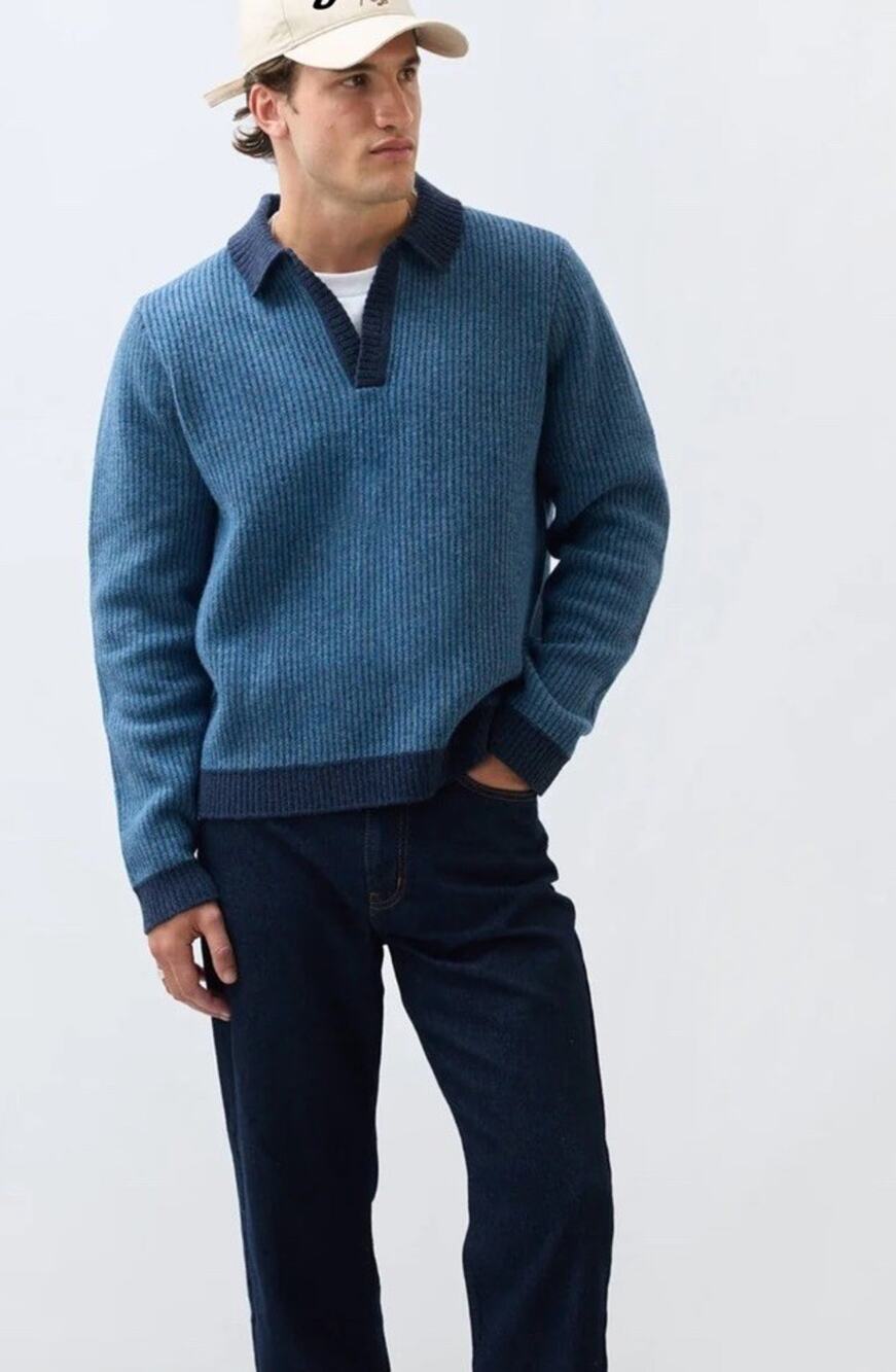 Percival Picnic Polo Two Tone Navy Blue Wool Sweater XL Men’s